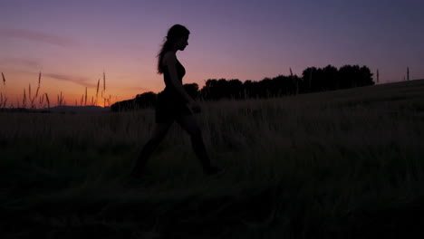 woman walking in a field at sunset