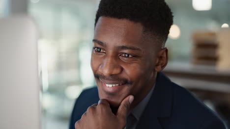 thinking, ideas and businessman on a computer