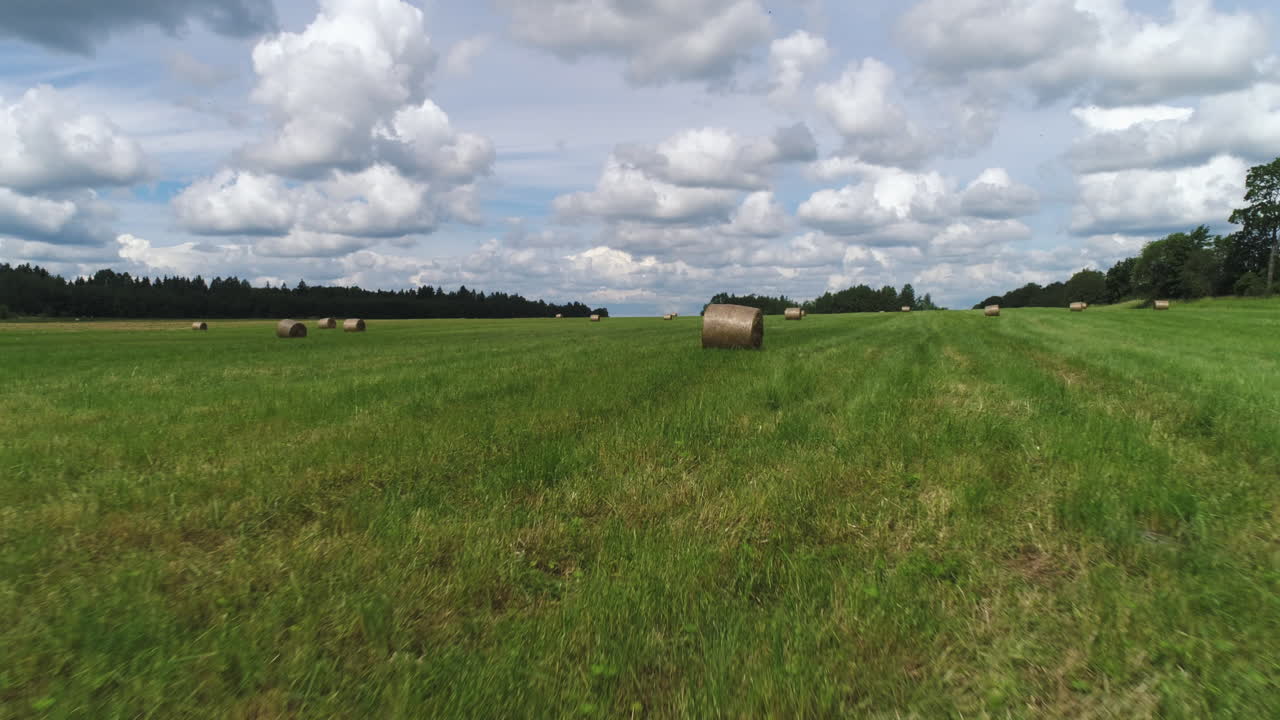 balas de heno en un campo bajo un cielo nublado