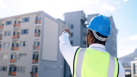 engineer, construction and black man pointing