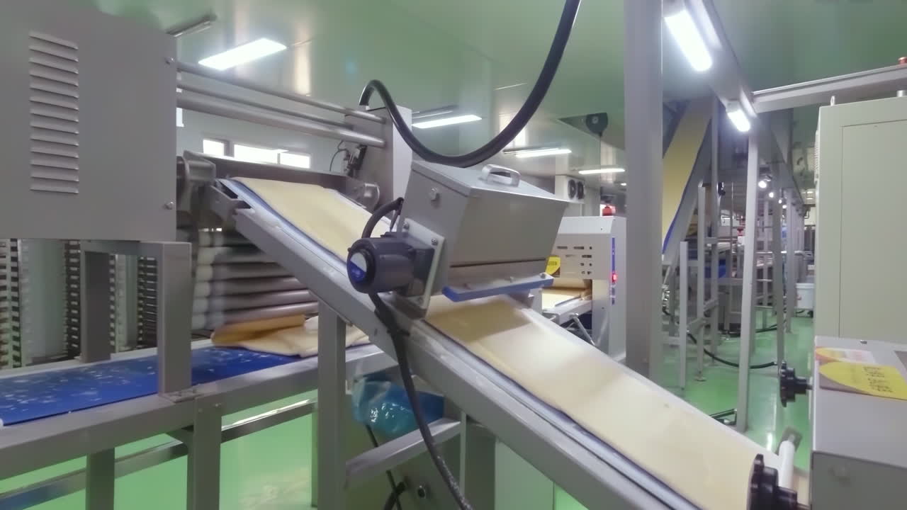 베이커리에서 기계 컨베이어에 의해 운반되는 반죽 잔류물의 줄을 굴러내는 기계화 된 조립 라인의 실제