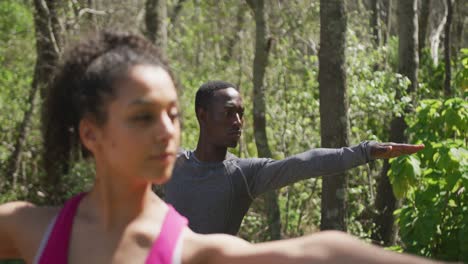 Diverse-couple-practicing-yoga-and-standing-in-countryside