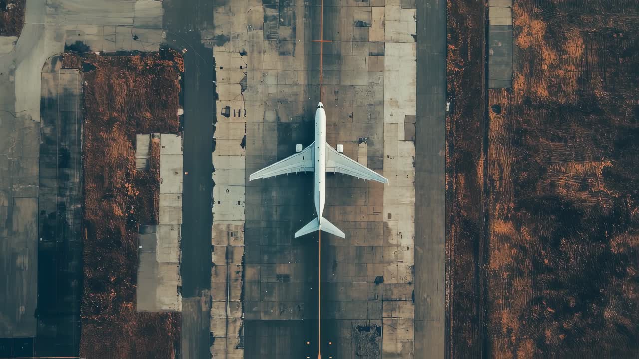 White passenger airplane warming up engines on runway, aerial perspective showing dry grassland surrounding concrete surface with intense color contrasts