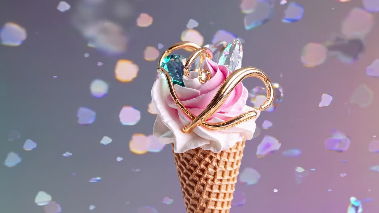 lujoso helado adornado con oro reluciente y piedras preciosas brillantes, mostrando confeti delicado cayendo contra un fondo pastel suave, capturado en un entorno de estudio prístino