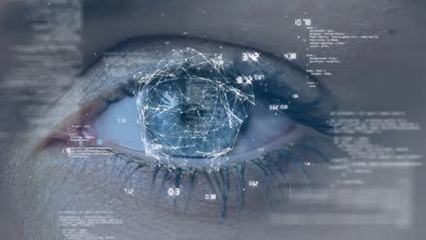 Animation-of-network-of-connections-and-data-processing-against-woman's-blue-eye