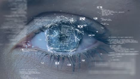 Animation of network of connections and data processing against woman&#039;s blue eye