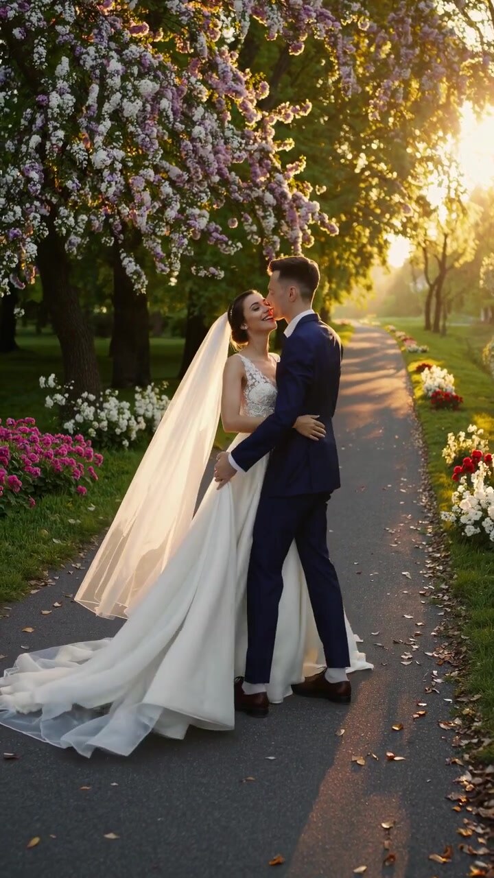 Newlywed Couple Embracing in a Beautiful Park at Sunset