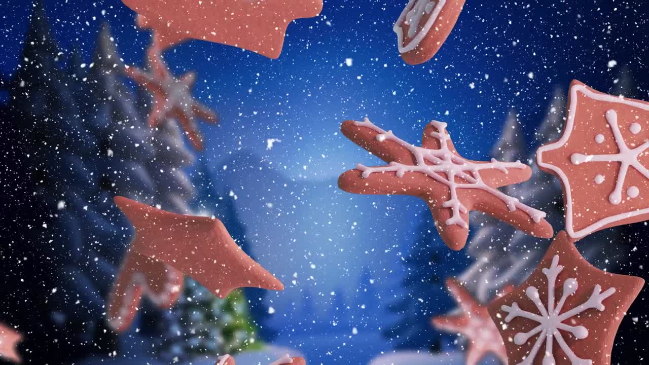 animación de galletas de jengibre de navidad sobre copos de nieve que caen y paisajes de invierno