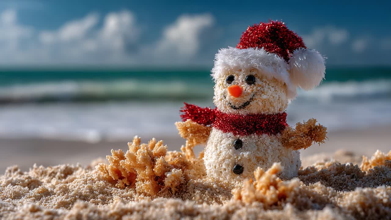 A Whimsical Snowman Decorated with a Christmas Hat and Scarf, Standing Playfully on a Sandy Beach with Gentle Waves in the Background