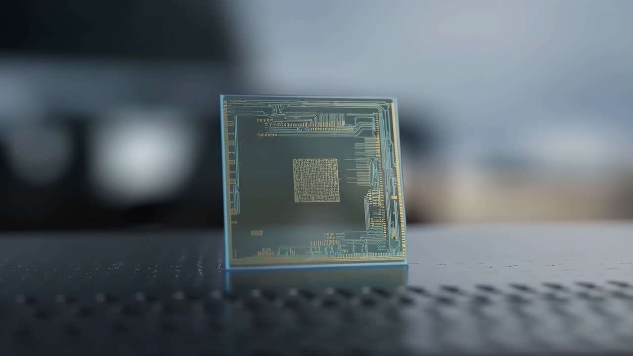 A close-up of a transparent computer chip or CPU with visible circuits