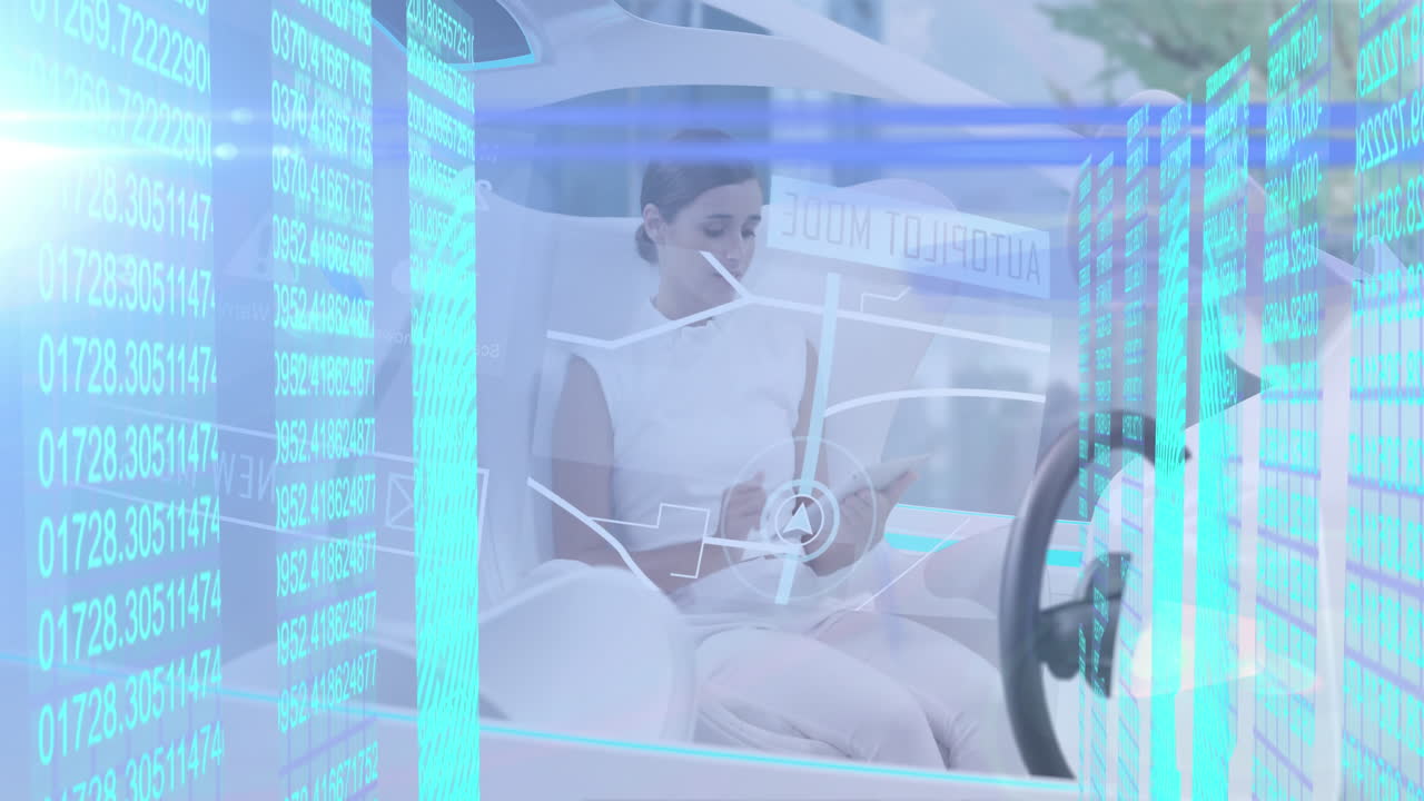 자율주행 자동차에 있는 여성에 대한 생체인식 지문과 데이터 처리의 애니메이션