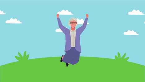 anciana feliz celebrando personaje de animación