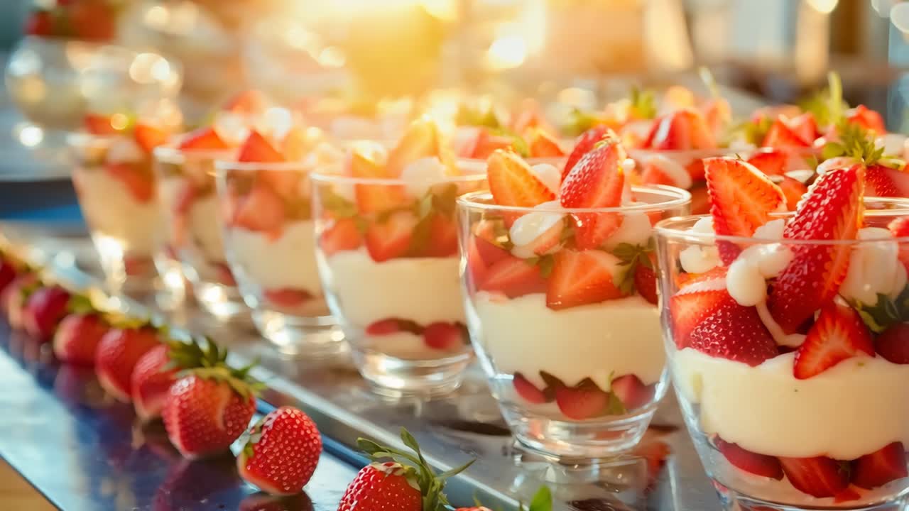 A tray filled with small glasses filled with strawberries and whipped cream