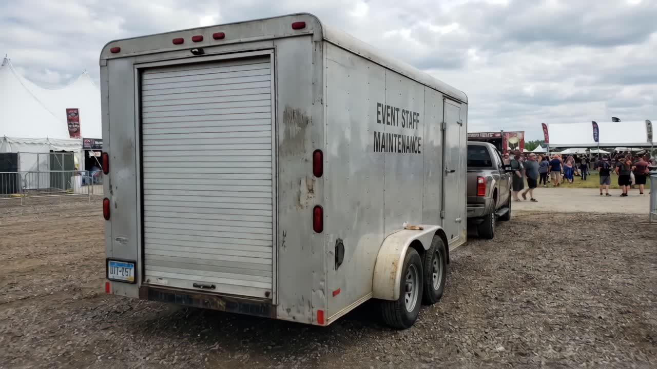 Eventpersonale med servicetrailer og pickup på udendørs festival