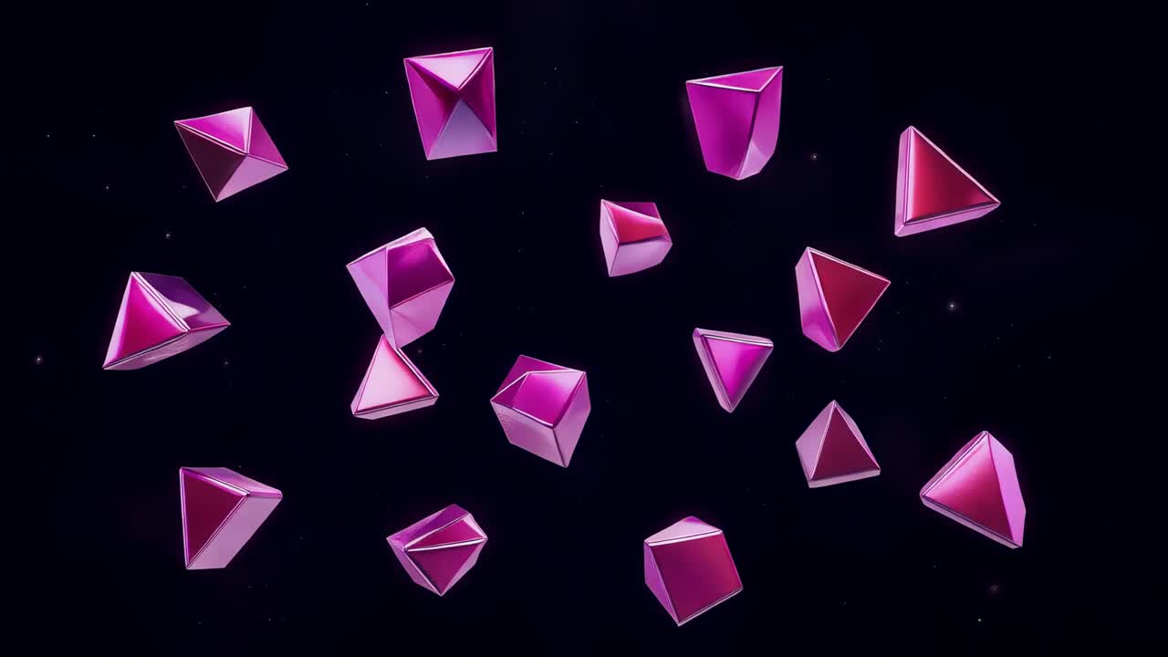 Converging from scattered positions, magenta prisms snapping into heart in void, then reversing