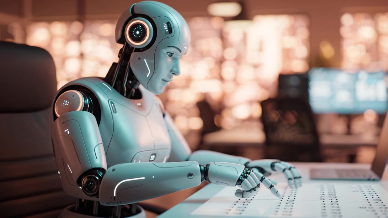 Robot umanoide avanzato che interagisce con tecnologia sensibile al tocco in un moderno ambiente di lavoro, mettendo in mostra l'intelligenza artificiale e caratteristiche di design intricate.