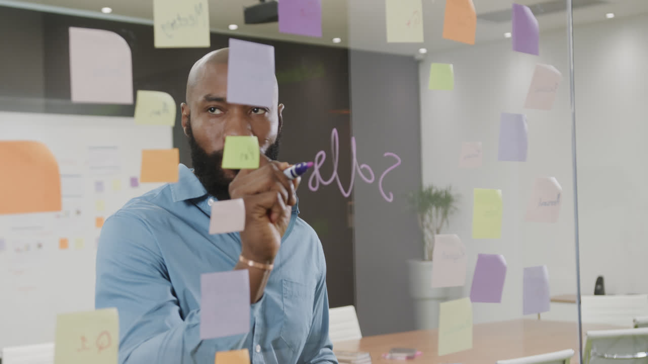 empresario afroamericano haciendo una tormenta de ideas, tomando notas en la pared de vidrio en la oficina en cámara lenta