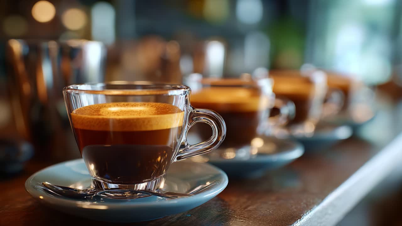 Espresso preparato ad arte: primo piano di più tazze che mostrano il colore intenso e la consistenza cremosa in un'accogliente caffetteria