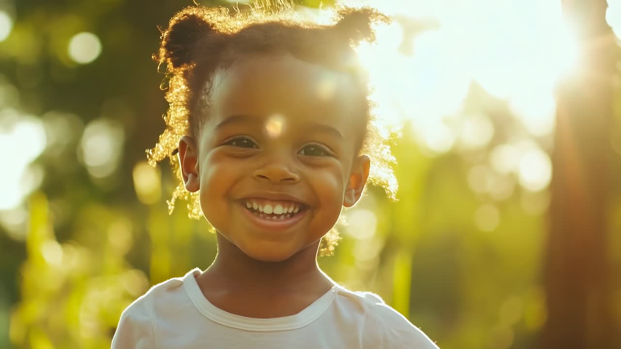 Uma criança alegre sorri em um jardim ensolarado, capturada em um close-up, foto em ângulo baixo