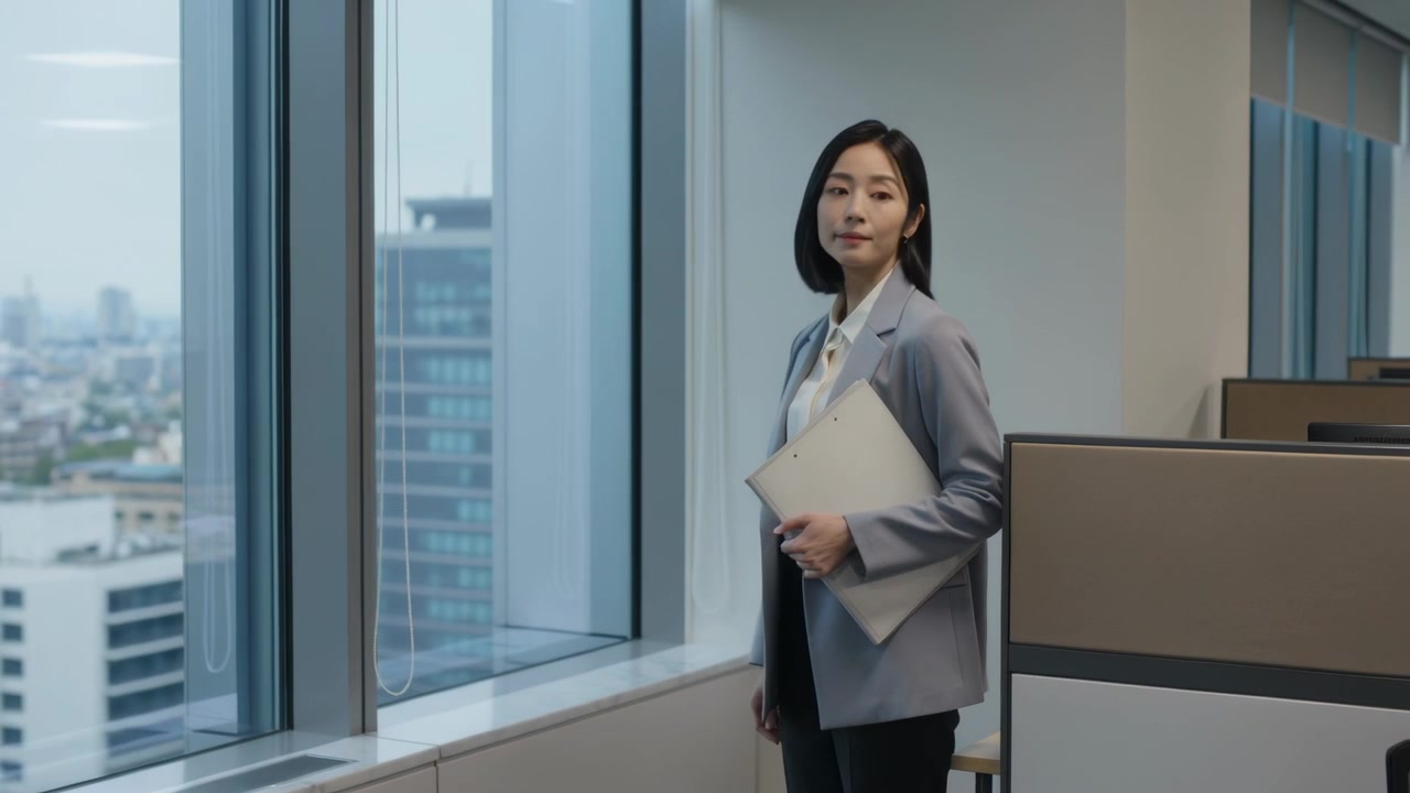 Người phụ nữ mặc áo blazer đứng với máy tính xách tay, tạm dừng ngắm nhìn đường chân trời từ cửa sổ văn phòng, có không gian trống.