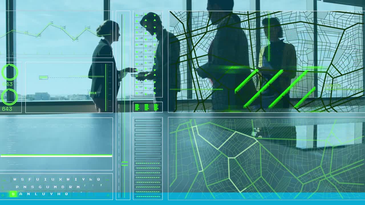 사무실에서 토론하는 다양한 사업가들에 대한 데이터 처리와의 인터페이스의 애니메이션