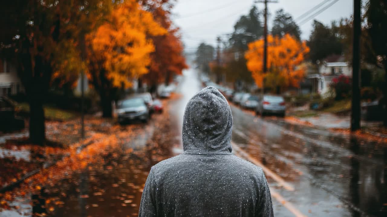 En eftertænksom figur står på en regnvåd gade, omgivet af livligt efterårsløv, der udtrykker ensomhed og refleksion midt i årstidens skiften.