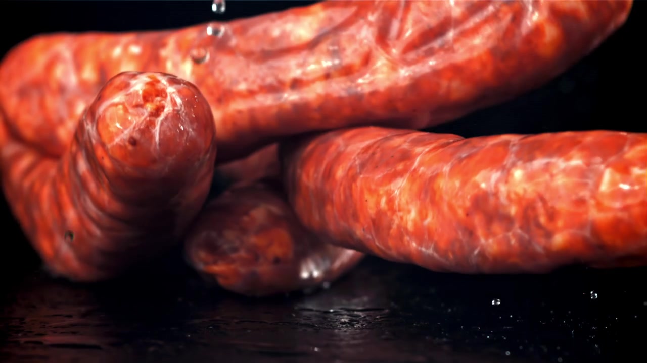 Salsicce di chorizo crude che cadono su una superficie nera bagnata al rallentatore.