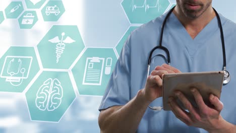 animación de un médico caucásico usando una tableta sobre iconos médicos