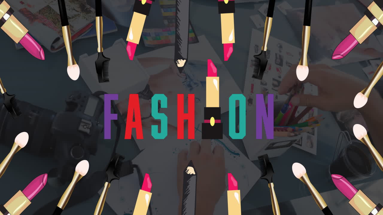 패션 사무실에서 패션 텍스트와 아이템의 애니메이션