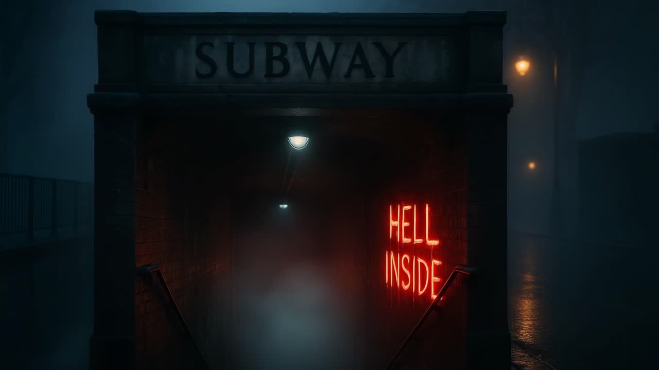 Subway entrance illuminated by eerie fog with glowing sign reading "HELL INSIDE" creating suspenseful atmosphere