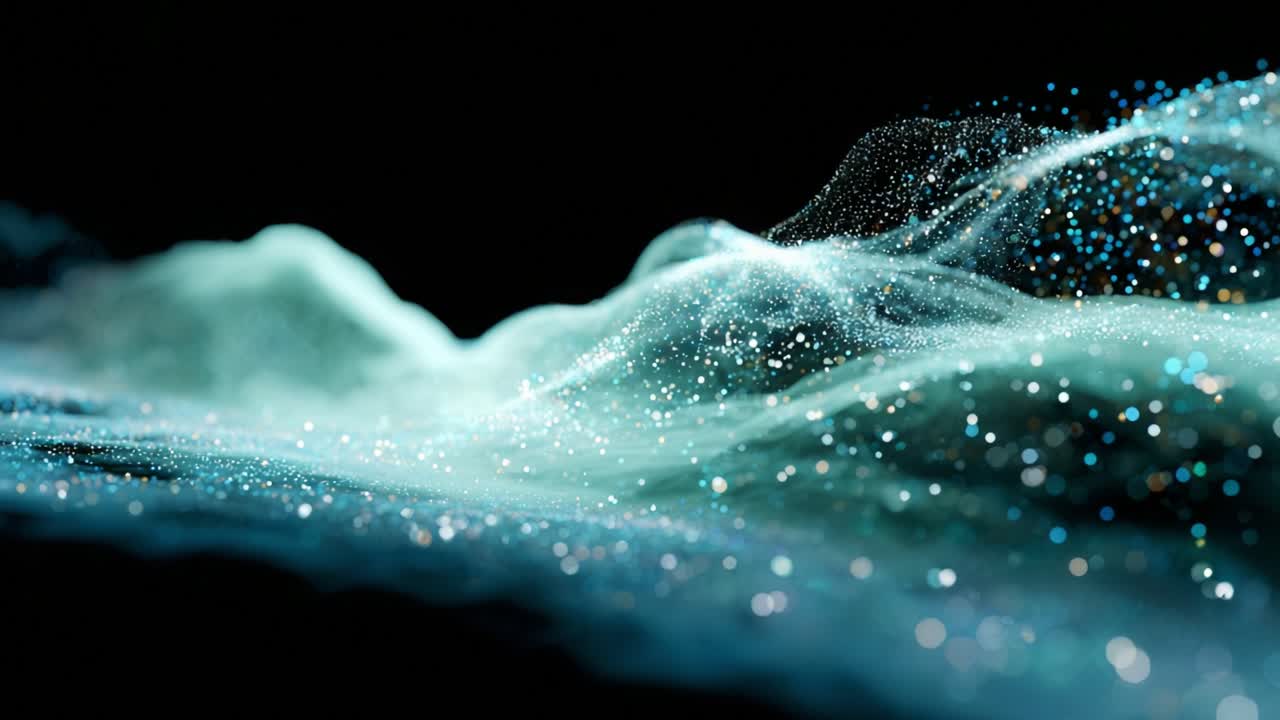 A mesmerizing visual representation of ethereal waves illuminated by shimmering particles against a deep black backdrop, showcasing the beauty of light and motion in fluid forms