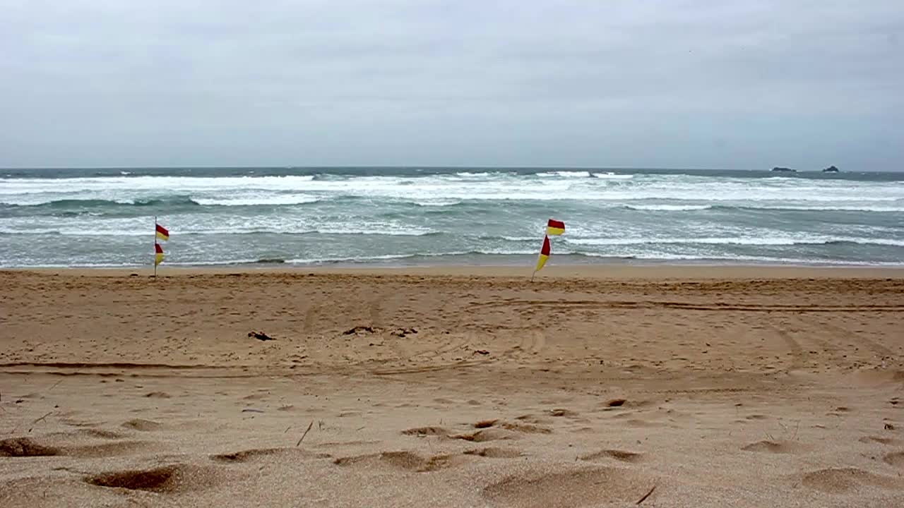 Beach with Lifeguard Flags on a Cloudy Day