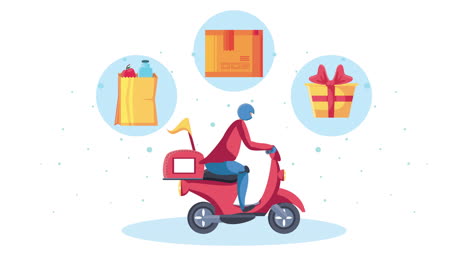 delivery service worker in motorcycle with packings animation