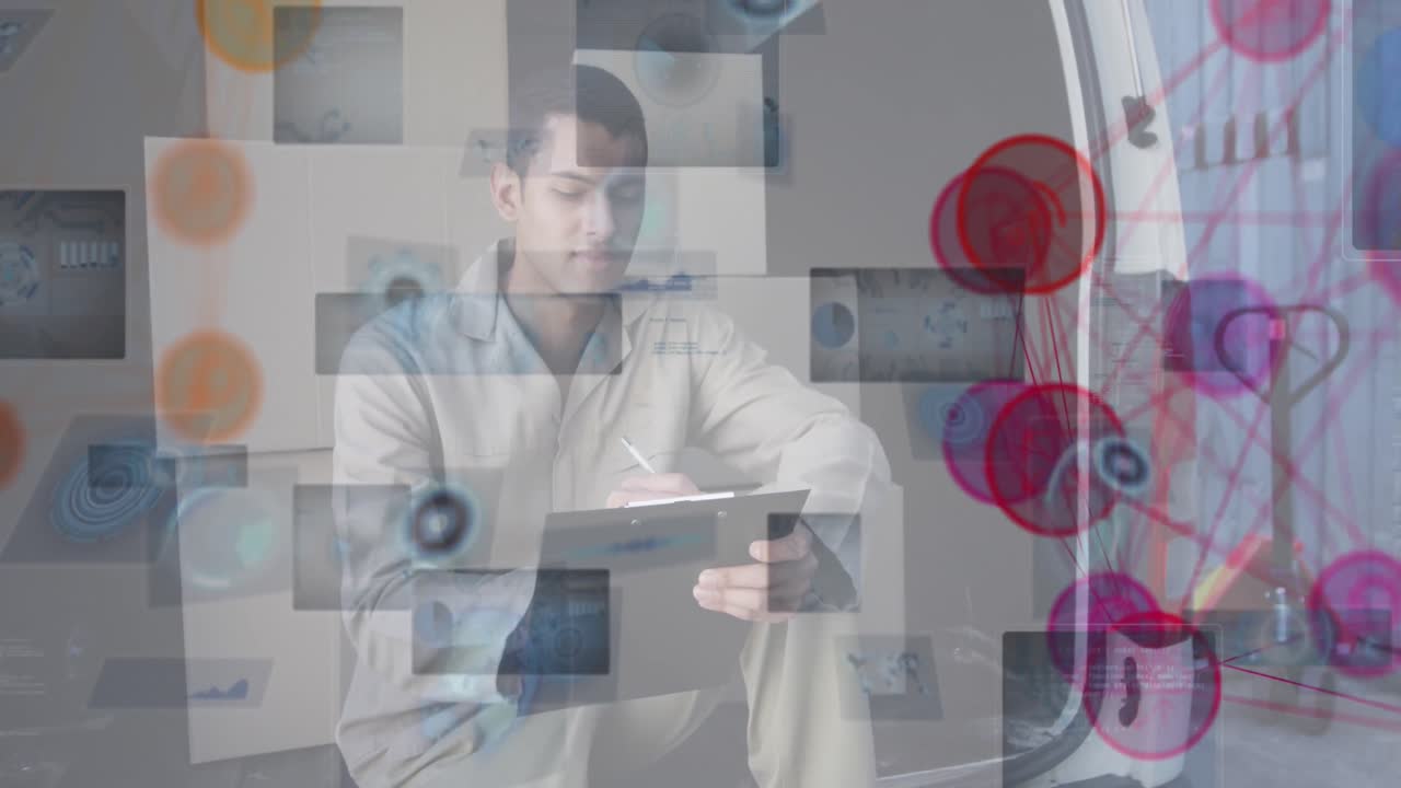 animación de la red de conexiones y procesamiento de datos sobre un trabajador masculino biracial en un almacén