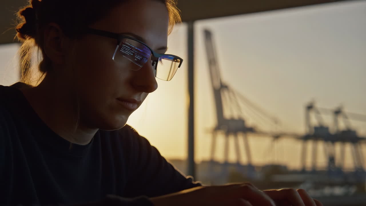 Focused woman developer coding with reflection in glasses at sunset with port cranes in background