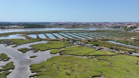 Toma-De-Drones-De-Una-Zona-Pantanosa-Y-De-Extraños-Y-Largos-Estanques-Artificiales-En-La-Zona-De-Corois-Al-Sur-De-Lisboa