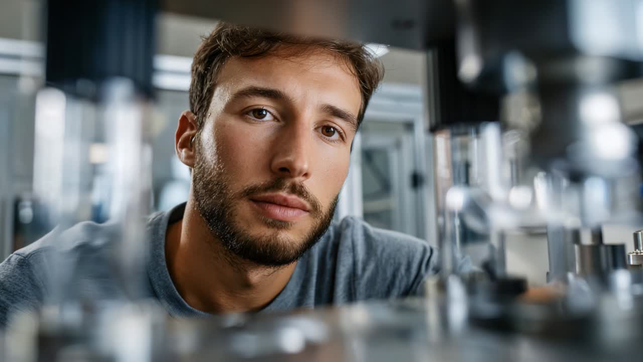 Focused Inspection: A Close-Up Look at a Young Professional Examining Mechanical Equipment Through Transparent Glass Components in a Modern Industrial Environment