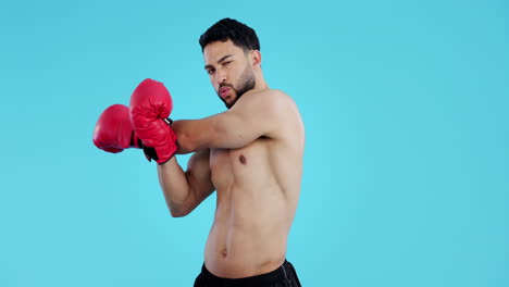 boxing, arm stretching and man face with muscle