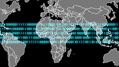 Animación-De-Codificación-Binaria,-Mapa-Mundial-Y-Procesamiento-De-Datos-Sobre-Fondo-Negro