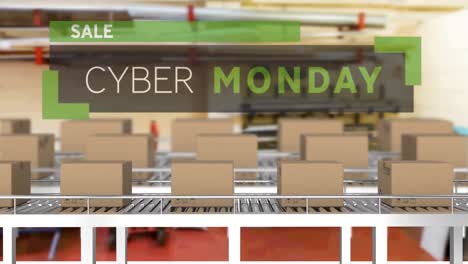 animation of cyber monday sale text over cardboard boxes on conveyor belts