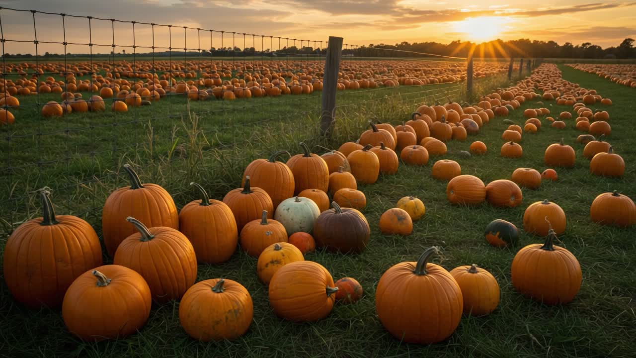 A Beautiful Sunset over a Pumpkin Field, Capturing the Essence of Autumn Harvest with Rows of Vibrant Orange Pumpkins Ready for Picking
