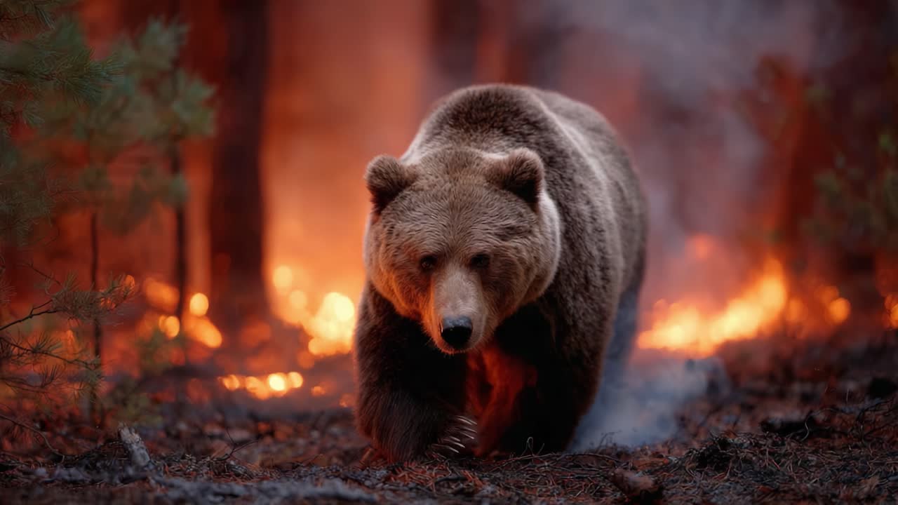 Un orso bruno maestoso emerge con determinazione mentre gli incendi infuriano sullo sfondo, mostrando l'autentica bellezza e la resilienza della natura nelle avversità