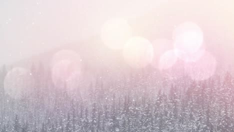 Animation-of-spots-of-light-over-snow-falling-and-winter-landscape