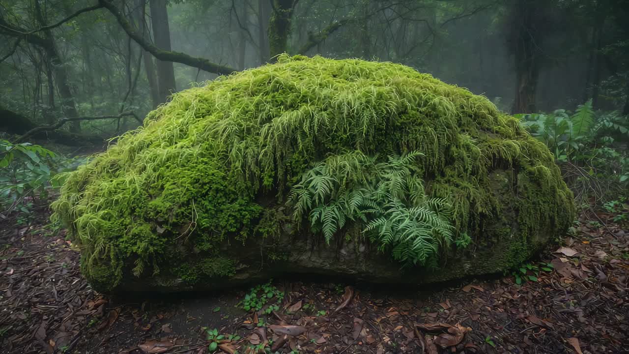 Cámara acercándose a una roca cubierta de musgo en el bosque, revelando musgo colgante y helechos