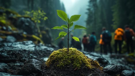 new life emerges in a misty forest. a small green sapling grows from moss on a rocky surface as hikers gather in the background on a foggy day.
