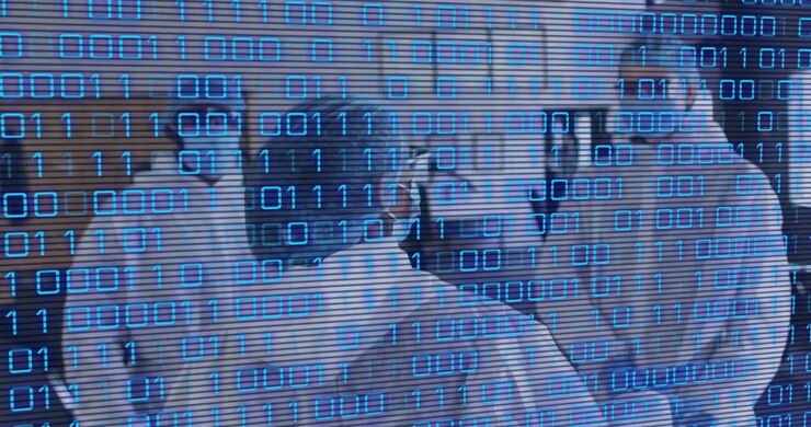 Three medical staff stepping forward, checking patient condition while binary code overlay scanning