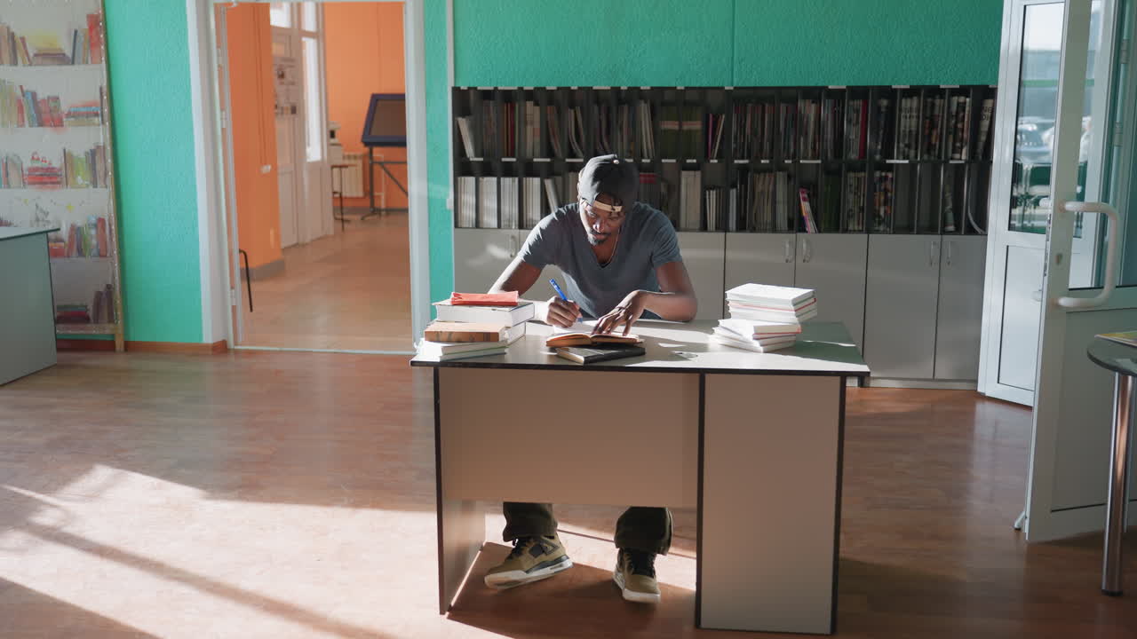 High school student sits at desk in bright library, writing in notebook with pen while moving legs, surrounded by books, deeply focused on studies as sunlight streams across floor