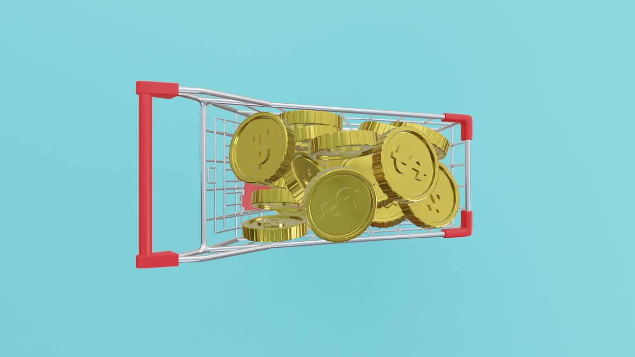A realistic 3d animation video showing a zoom in shopping cart with a large stack of gold coin stack in concept, sale and discount marketing promotion.