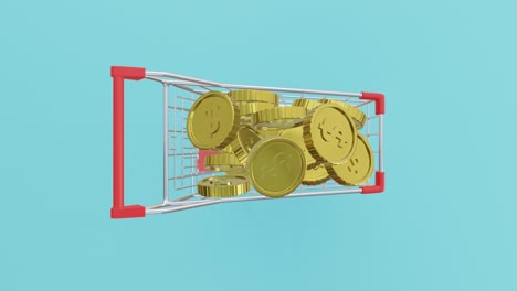 a realistic 3d animation video showing a zoom in shopping cart with a large stack of gold coin stack in concept, sale and discount marketing promotion.