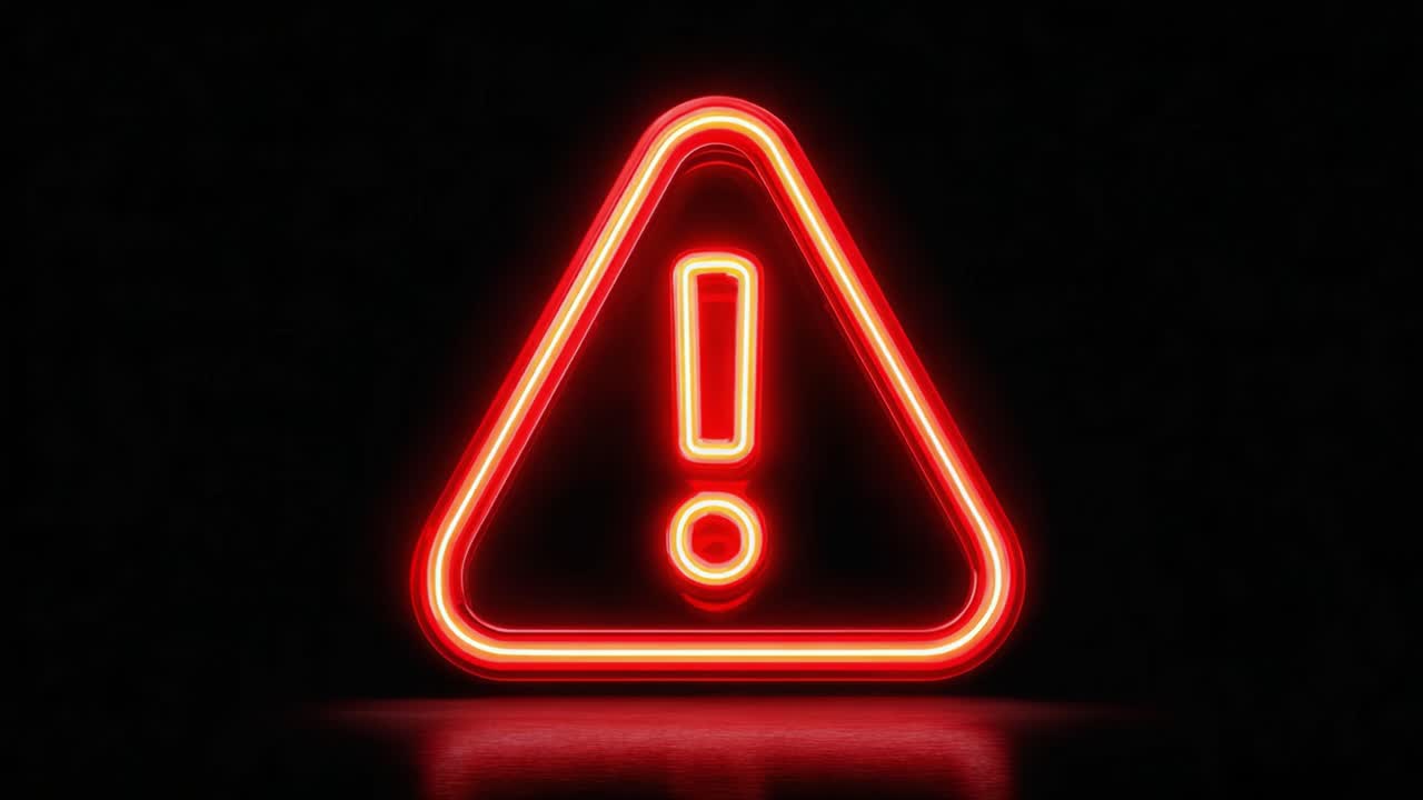 Illuminated Warning Sign in Red Neon: A Striking Visual Representation of Caution and Alertness in a Dark Surrounding